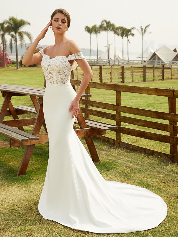 Sheath/Column Stretch Crepe Lace Off-the-Shoulder Sleeveless Court Train Wedding Dresses 1461