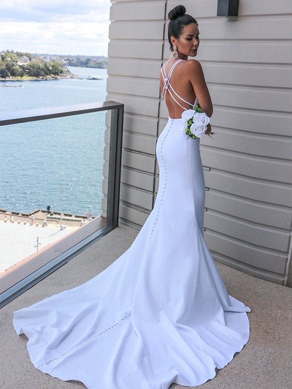 Sheath/Column Stretch Crepe V-neck Ruched Sleeveless Sweep/Brush Train Wedding Dresses 1521