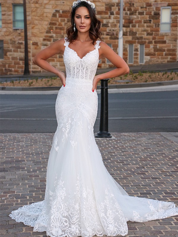 Trumpet/Mermaid Tulle V-neck Sleeveless Applique Sweep/Brush Train Wedding Dresses 1741