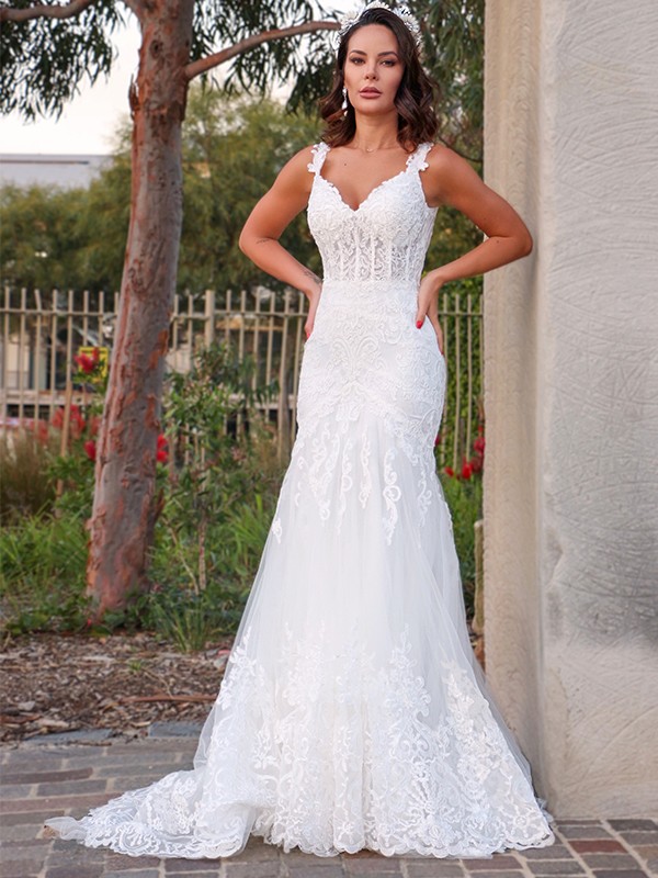 Trumpet/Mermaid Tulle V-neck Sleeveless Applique Sweep/Brush Train Wedding Dresses 1741