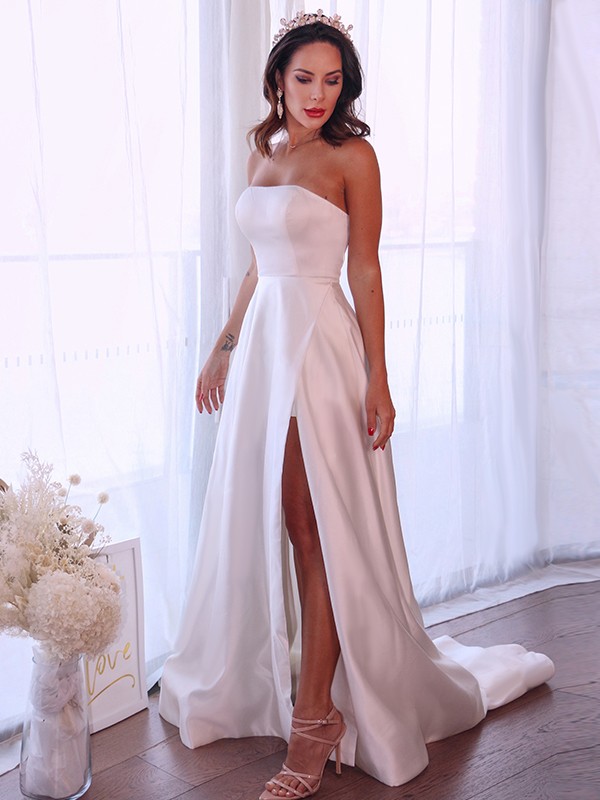 A-Line/Princess Satin Ruffles Strapless Sleeveless Sweep/Brush Train Wedding Dresses 844