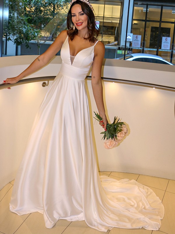 A-Line/Princess Elastic Woven Satin Spaghetti Straps Ruffles Sleeveless Sweep/Brush Train Wedding Dresses 629