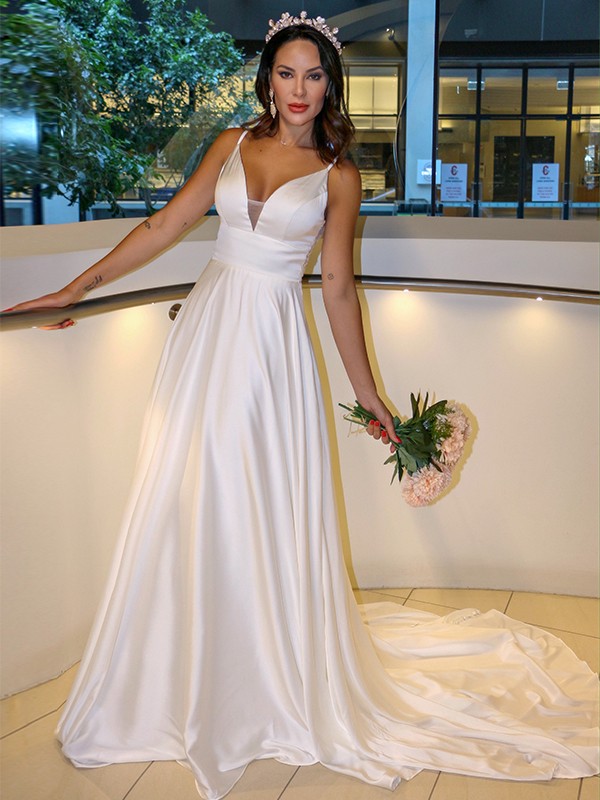 A-Line/Princess Elastic Woven Satin Spaghetti Straps Ruffles Sleeveless Sweep/Brush Train Wedding Dresses 629