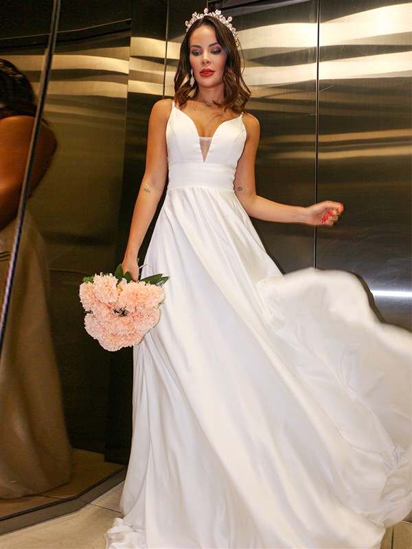 A-Line/Princess Elastic Woven Satin Spaghetti Straps Ruffles Sleeveless Sweep/Brush Train Wedding Dresses 629