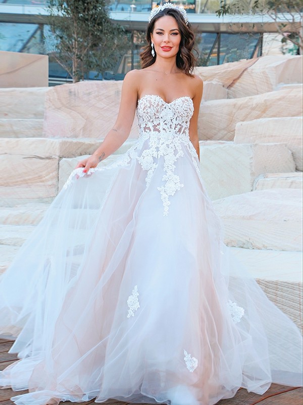 A-Line/Princess Sweetheart Tulle Applique Sleeveless Sweep/Brush Train Wedding Dresses 969