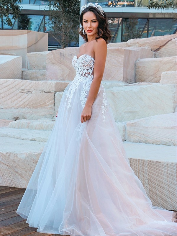 A-Line/Princess Sweetheart Tulle Applique Sleeveless Sweep/Brush Train Wedding Dresses 969