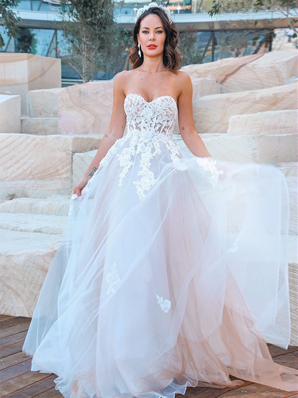 A-Line/Princess Sweetheart Tulle Applique Sleeveless Sweep/Brush Train Wedding Dresses 969