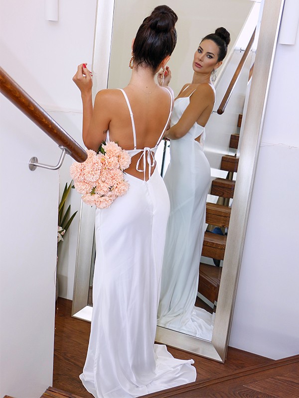 Sheath/Column Spaghetti Straps NS Elastic Woven Satin Sleeveless Ruched Sweep/Brush Train Wedding Dresses 1446