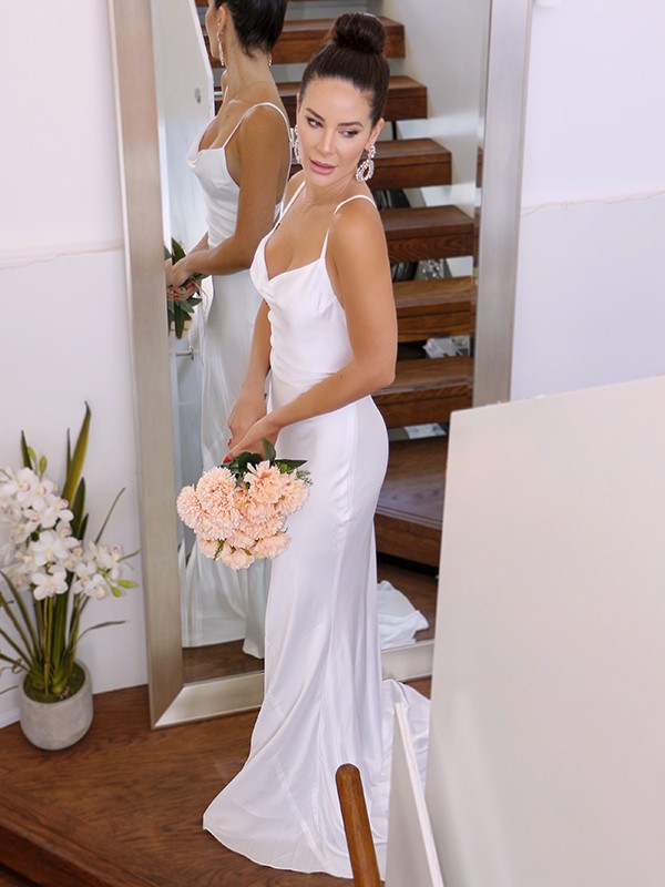 Sheath/Column Spaghetti Straps NS Elastic Woven Satin Sleeveless Ruched Sweep/Brush Train Wedding Dresses 1446