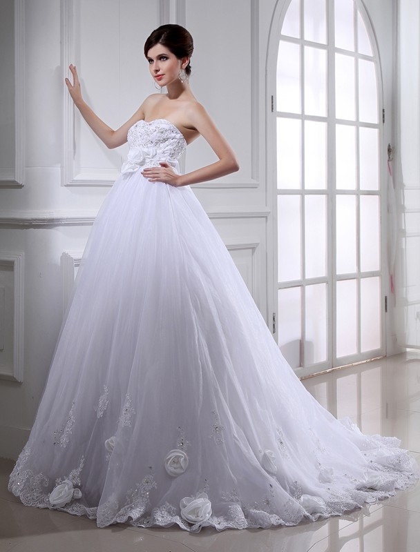 Ball Gown Beading Hand-made Flower Strapless Sleeveless Long Organza Wedding Dresses 2063