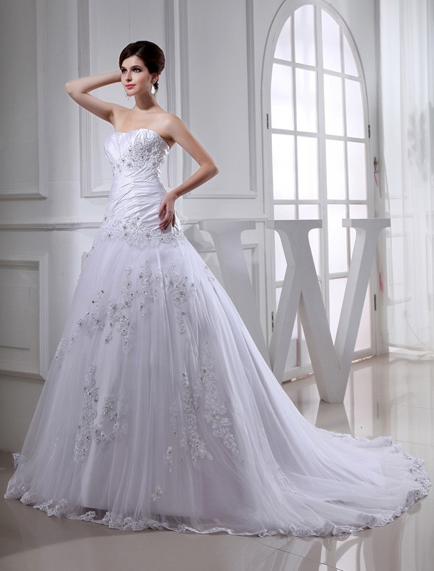 A-Line/Princess Beading Long Sleeveless Strapless Tulle Taffeta Wedding Dresses 1768