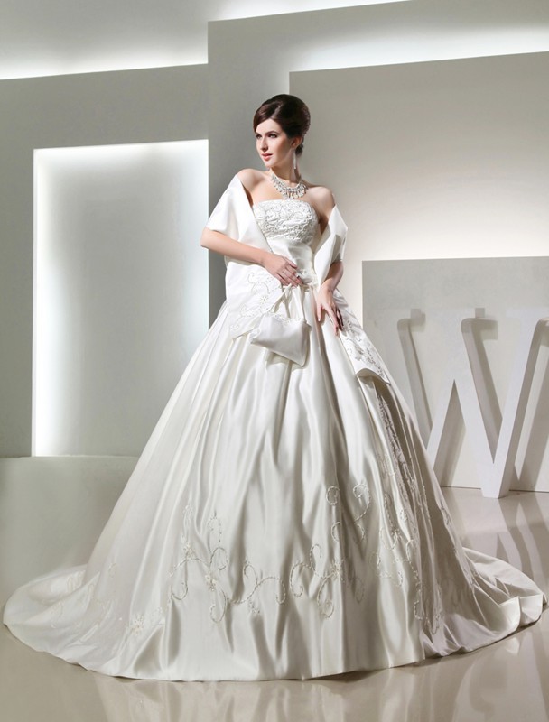 Ball Gown Beading Long Strapless Sleeveless Satin Wedding Dresses 1884