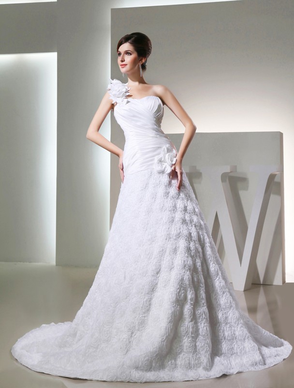 A-Line/Princess One-shoulder Sleeveless Taffeta Hand-made Flowers Long Wedding Dresses 2058