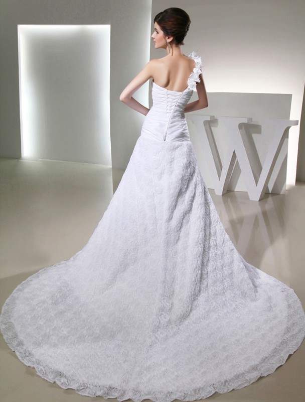 A-Line/Princess One-shoulder Sleeveless Taffeta Hand-made Flowers Long Wedding Dresses 2058