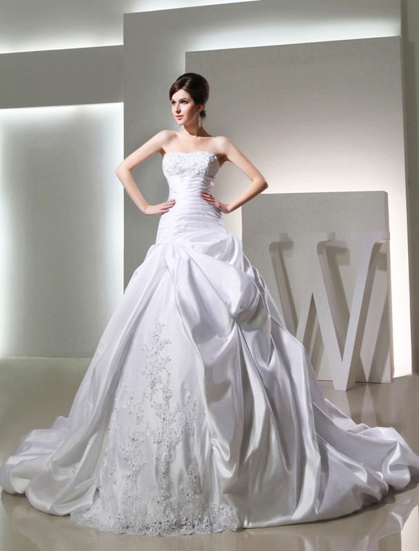 Ball Gown Beading Long Satin Strapless Sleeveless Wedding Dresses 1882