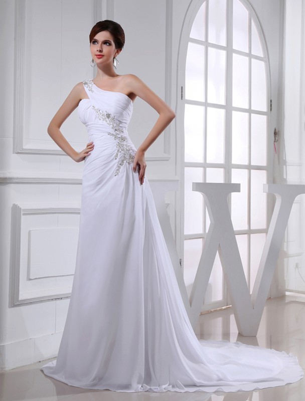 A-Line/Princess Beading One-shoulder Sleeveless Chiffon Applique Wedding Dresses 1770