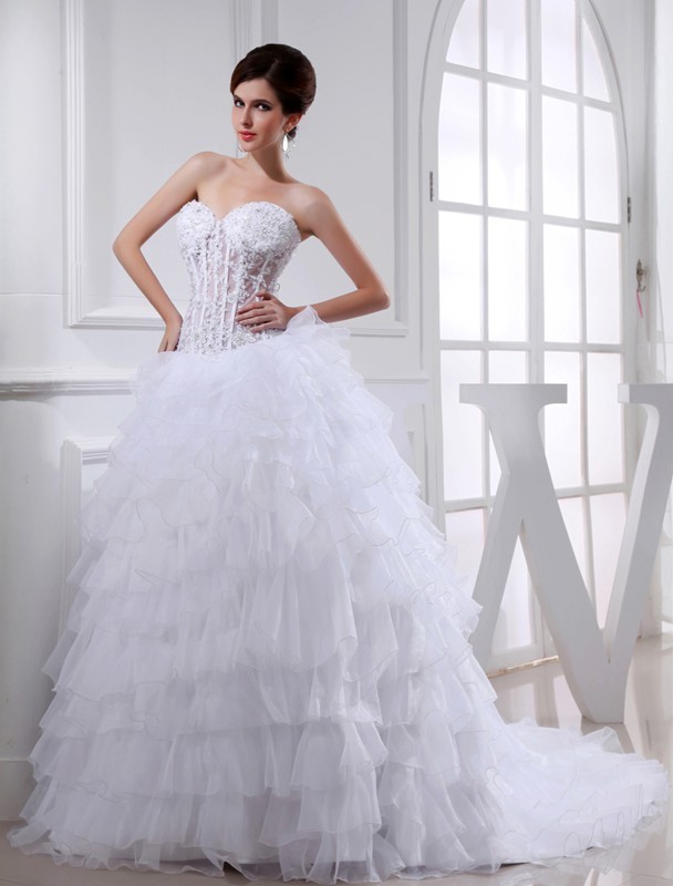 Ball Gown Beading Sweetheart Sleeveless Applique Organza Wedding Dresses 1893