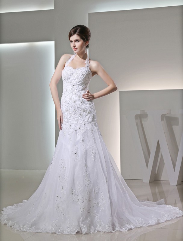 Trumpet/Mermaid Beading Halter Sleeveless Applique Satin Wedding Dresses 2079