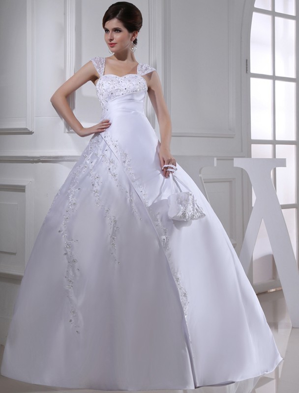 Ball Gown Beading Sleeveless Straps Long Satin Wedding Dresses 1889