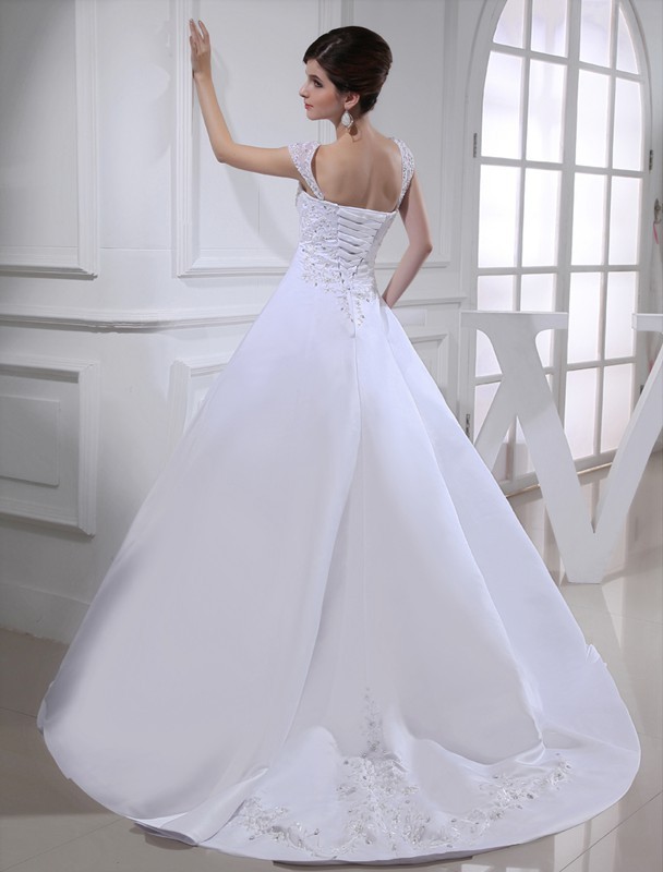 Ball Gown Beading Sleeveless Straps Long Satin Wedding Dresses 1889