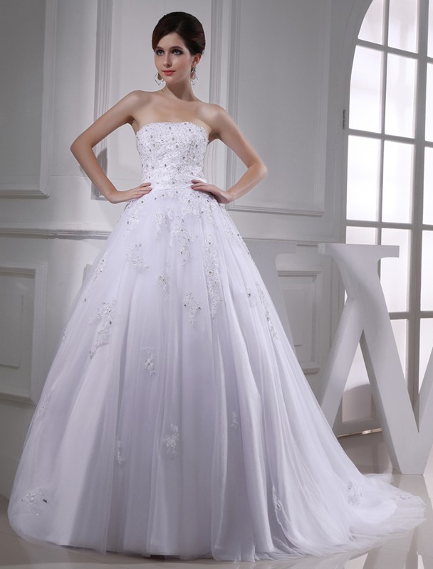 Ball Gown Beading Strapless Sleeveless Applique Satin Tulle Wedding Dresses 1890