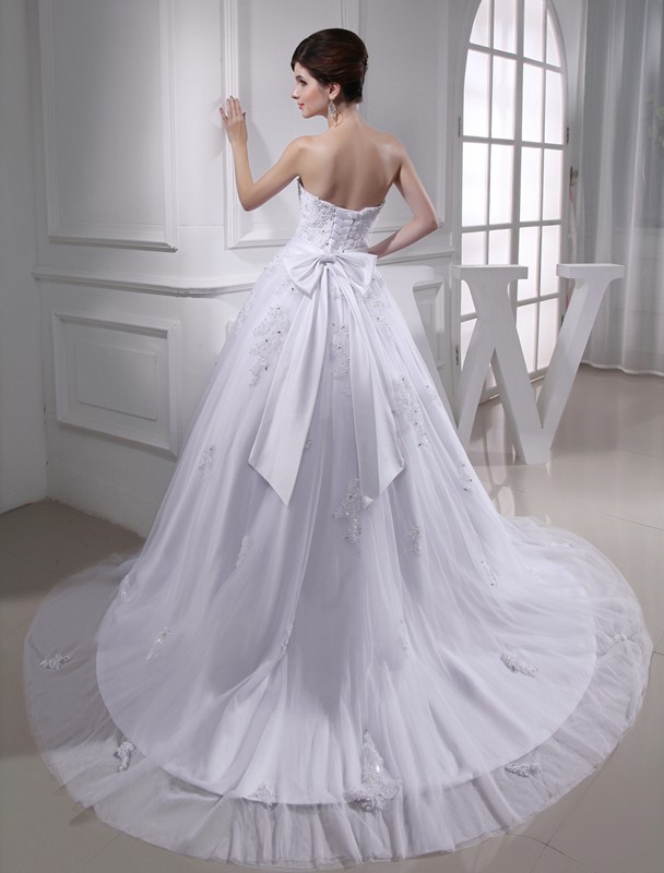 Ball Gown Beading Strapless Sleeveless Applique Satin Tulle Wedding Dresses 1890