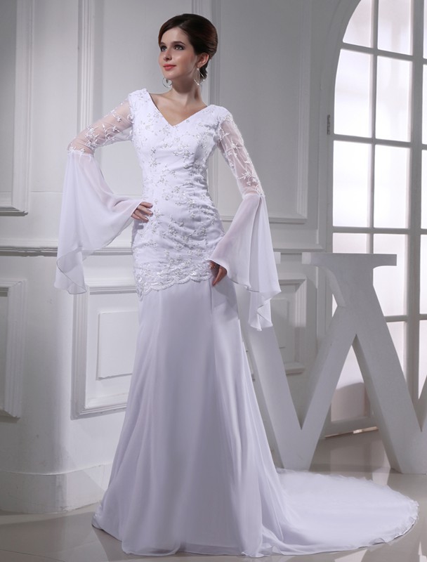 Trumpet/Mermaid Beading V-neck Chiffon Long Wedding Dresses 2000