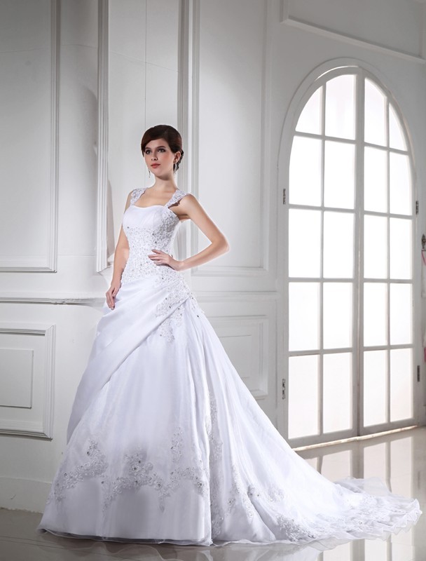 Ball Gown Beading Sleeveless Long Satin Organza Wedding Dresses 1886