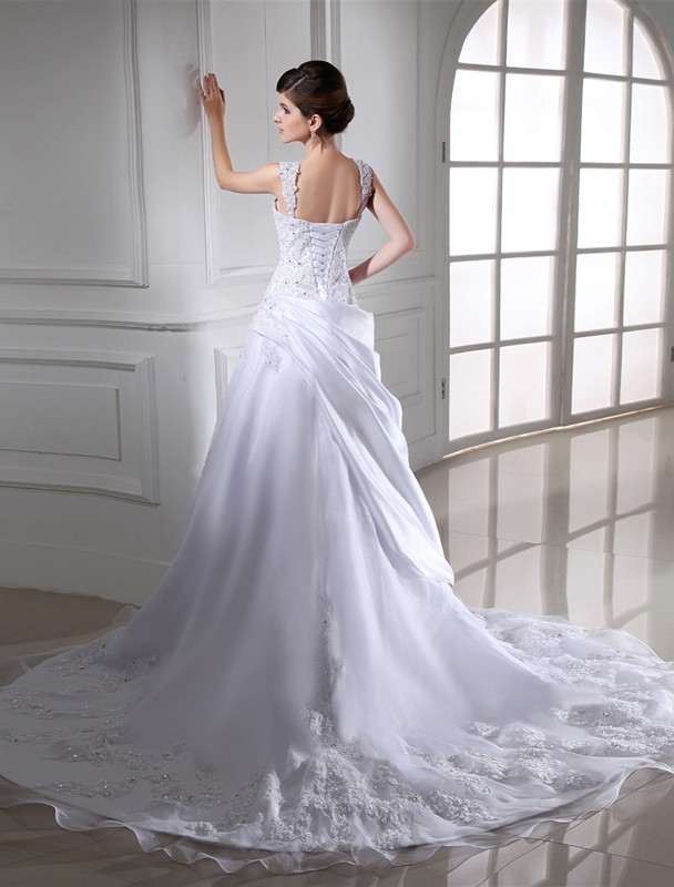 Ball Gown Beading Sleeveless Long Satin Organza Wedding Dresses 1886