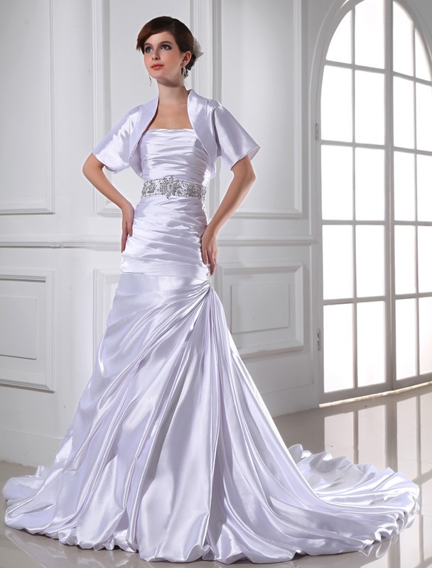 Trumpet/Mermaid Beading Strapless Sleeveless Applique Elastic Woven Satin Wedding Dresses 1991