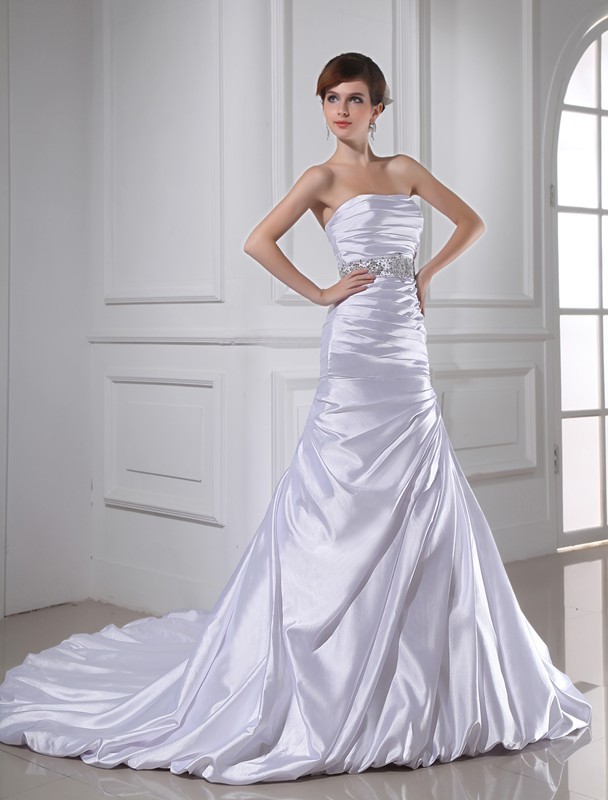 Trumpet/Mermaid Beading Strapless Sleeveless Applique Elastic Woven Satin Wedding Dresses 1991