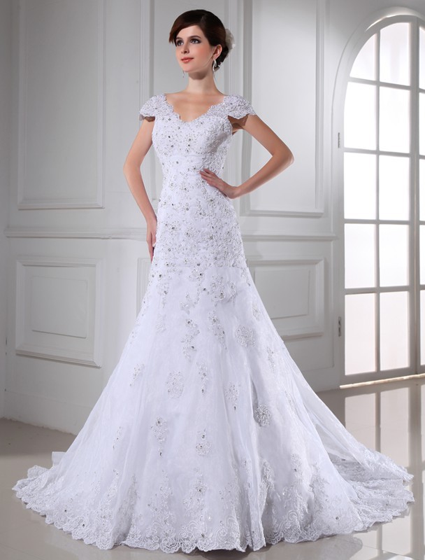 A-Line/Princess V-neck Beading Sleeveless Long Organza Wedding Dresses 1867