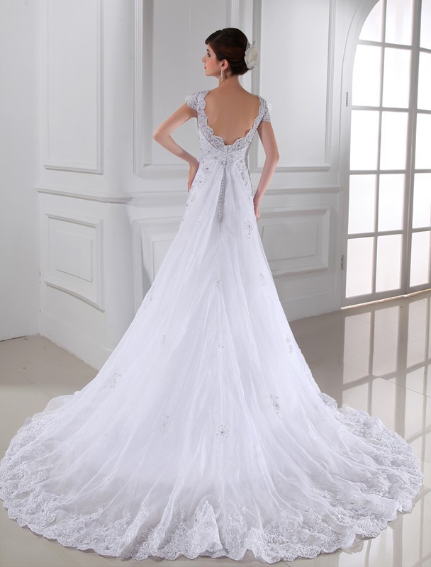 A-Line/Princess V-neck Beading Sleeveless Long Organza Wedding Dresses 1867