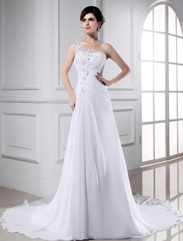 A-Line/Princess Beading One-shoulder Sleeveless Long Chiffon Wedding Dresses 1771