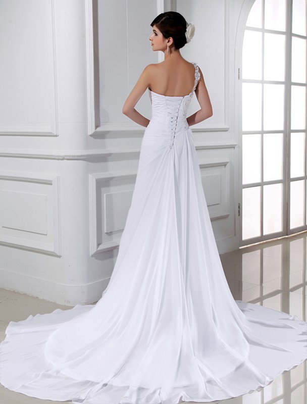 A-Line/Princess Beading One-shoulder Sleeveless Long Chiffon Wedding Dresses 1771