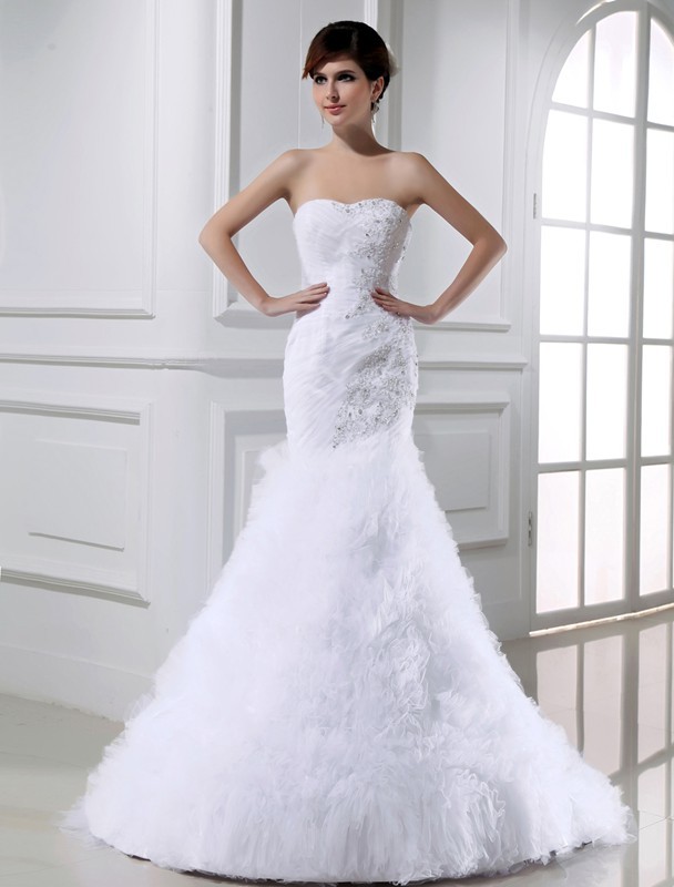 Trumpet/Mermaid Beading Sleeveless Tulle Long Wedding Dresses 2083