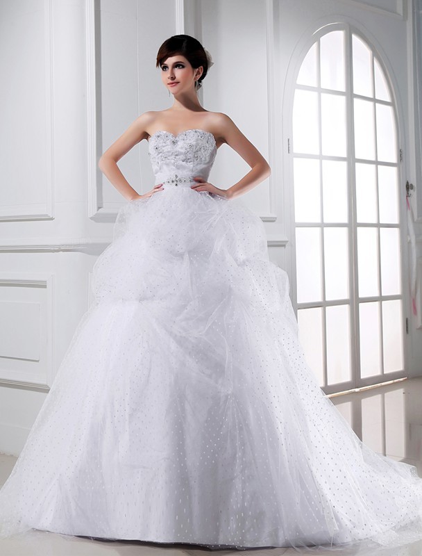 Ball Gown Beading Sweetheart Sleeveless Applique Satin Tulle Wedding Dresses 2065