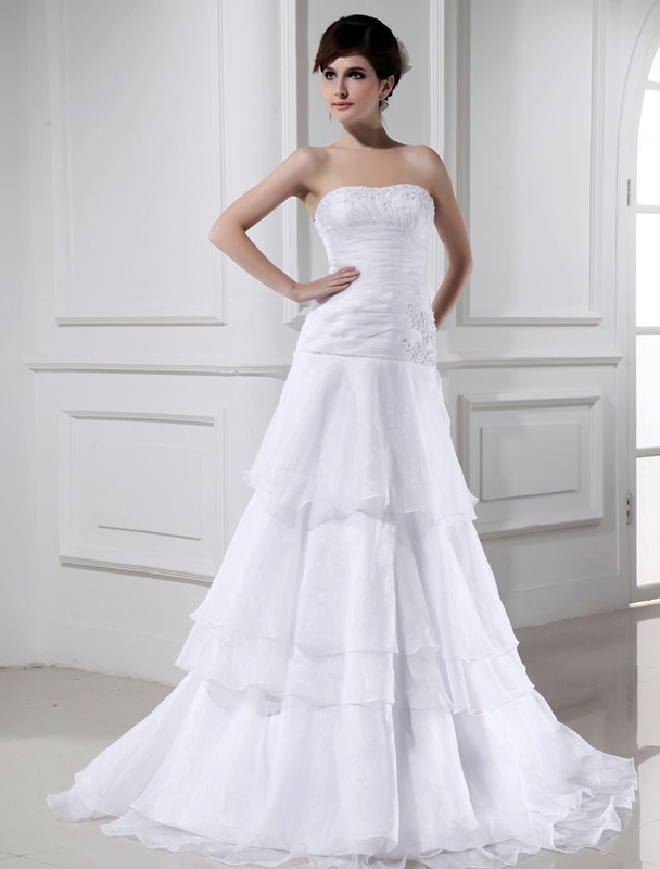 A-Line/Princess Beading Sleeveless Organza Strapless Long Wedding Dresses 2050