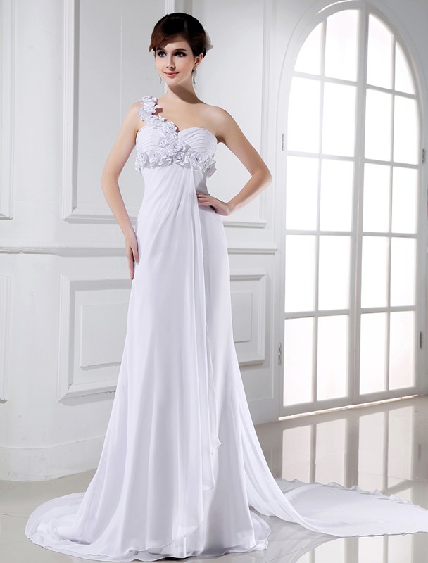 A-Line/Princess One-shoulder Beading Hand-made Flower Sleeveless Chiffon Wedding Dresses 1792