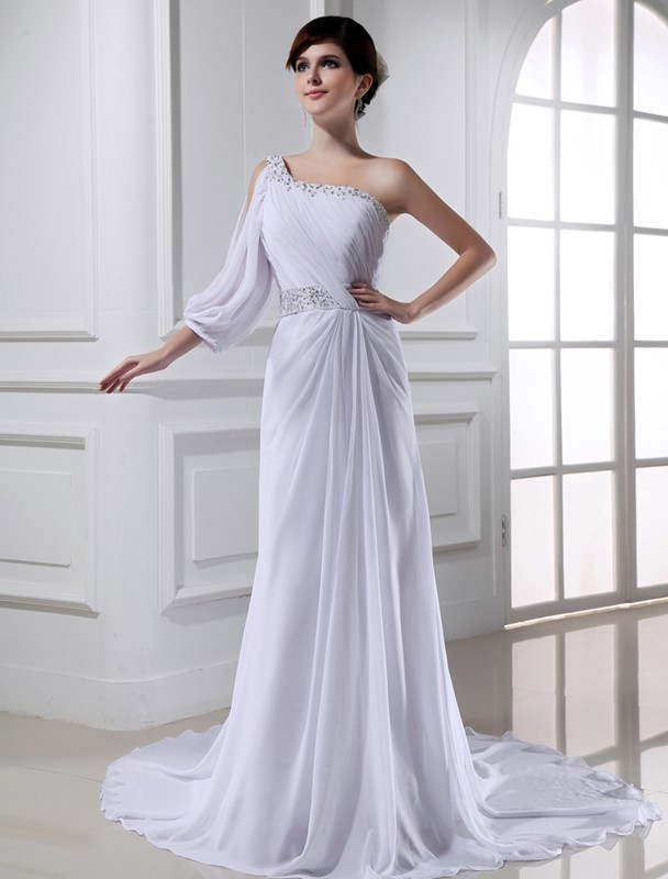 A-Line/Princess Beading One-shoulder One-sleeve Chiffon Wedding Dresses 1769