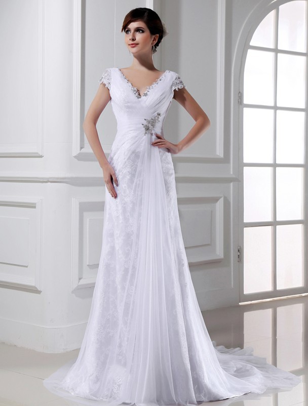 A-Line/Princess Beading V-neck Long Sleeveless Tulle Wedding Dresses 1776