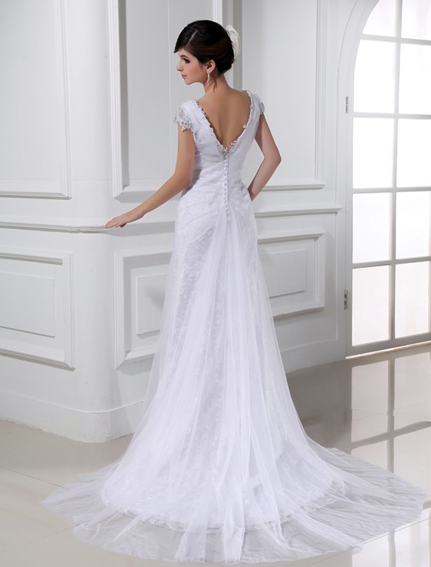 A-Line/Princess Beading V-neck Long Sleeveless Tulle Wedding Dresses 1776