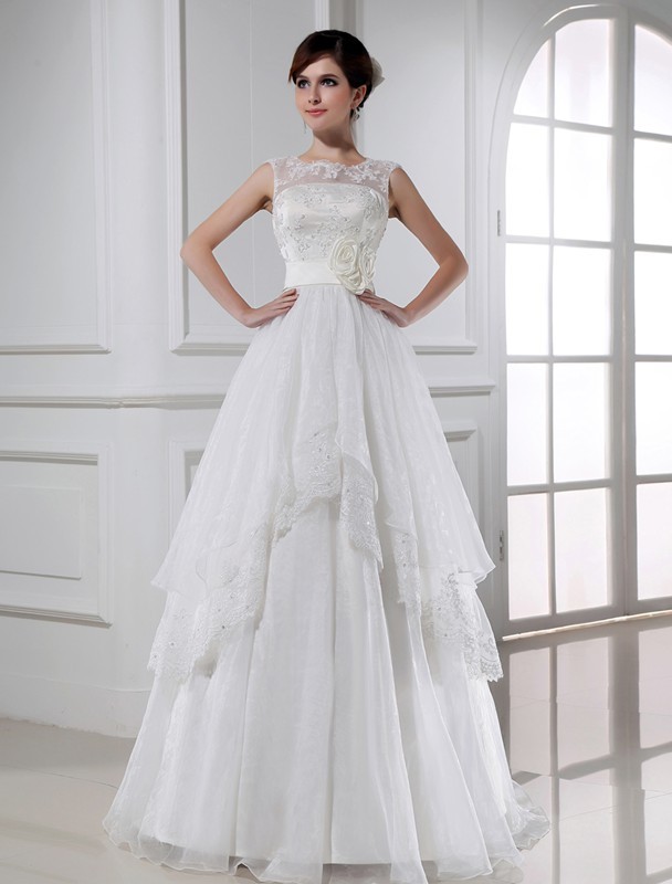 A-Line/Princess Beading Sleeveless Long Lace Organza Wedding Dresses 1772