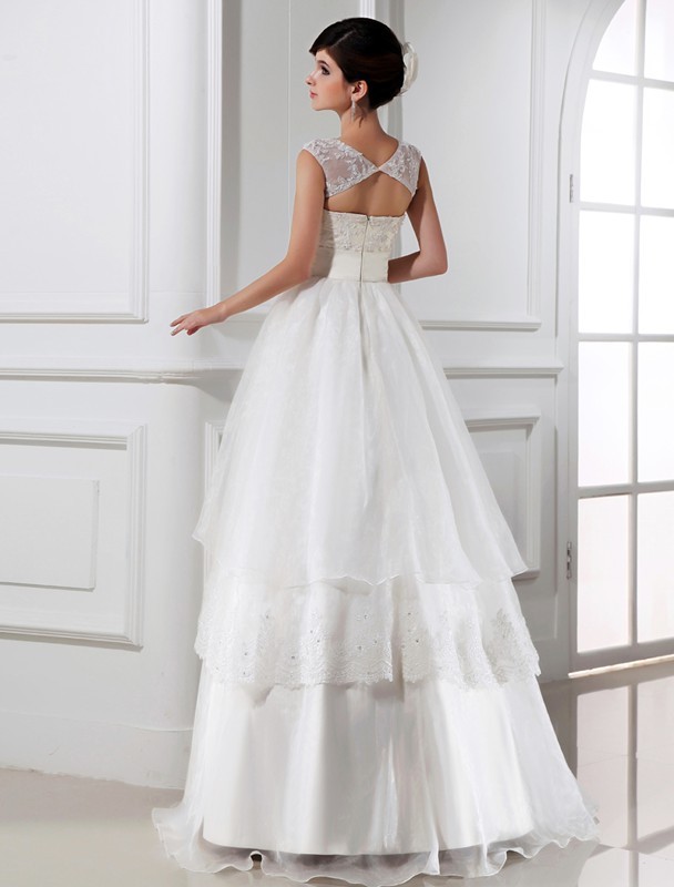 A-Line/Princess Beading Sleeveless Long Lace Organza Wedding Dresses 1772