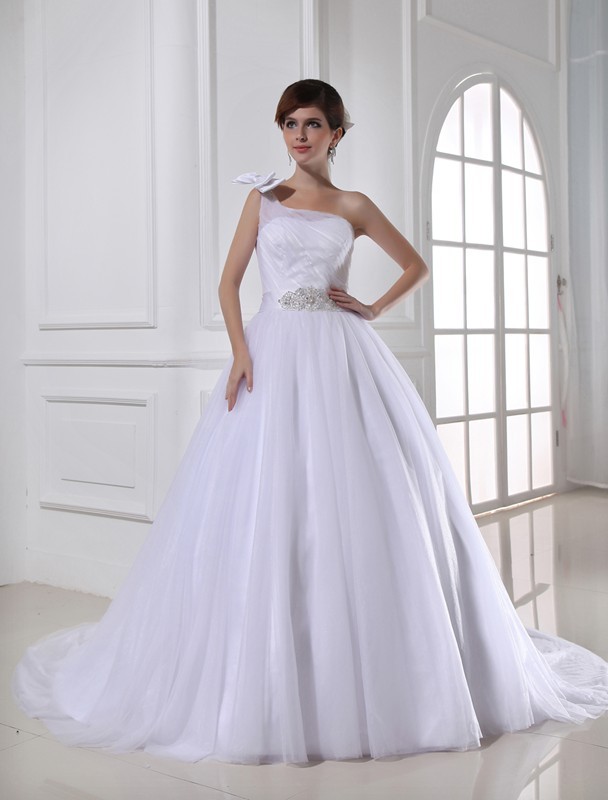 Ball Gown Beading One-shoulder Sleeveless Satin Tulle Wedding Dresses 2064