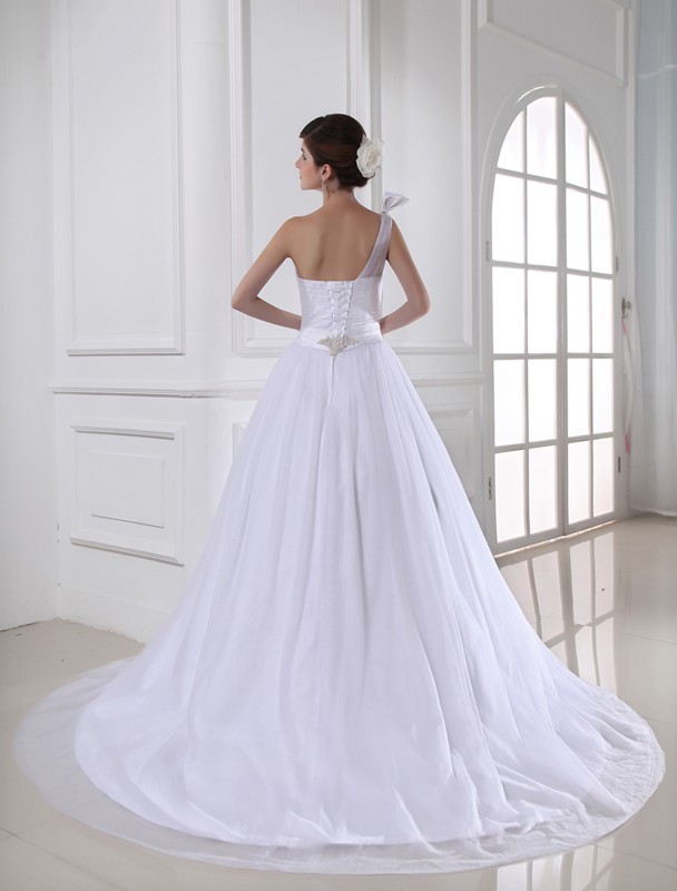 Ball Gown Beading One-shoulder Sleeveless Satin Tulle Wedding Dresses 2064