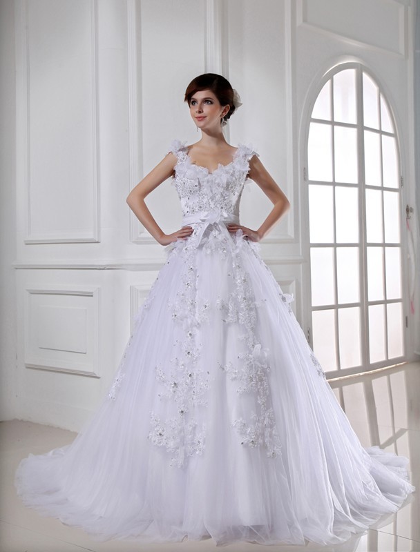 Ball Gown Beading Long Satin Tulle Strapless Sleeveless Wedding Dresses 1883