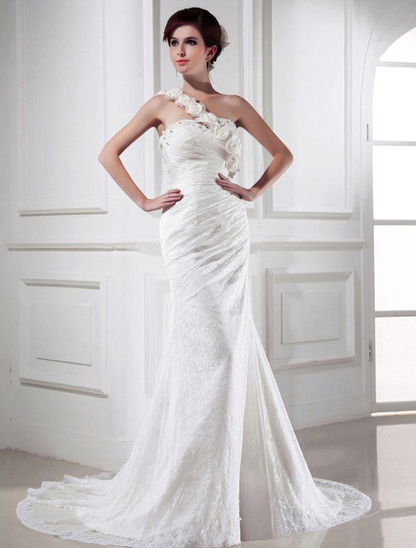 Trumpet/Mermaid Beading One-shoulder Sleeveless Lace Satin Long Wedding Dresses 2082