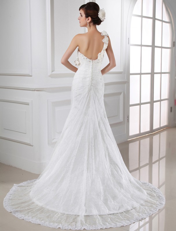 Trumpet/Mermaid Beading One-shoulder Sleeveless Lace Satin Long Wedding Dresses 2082