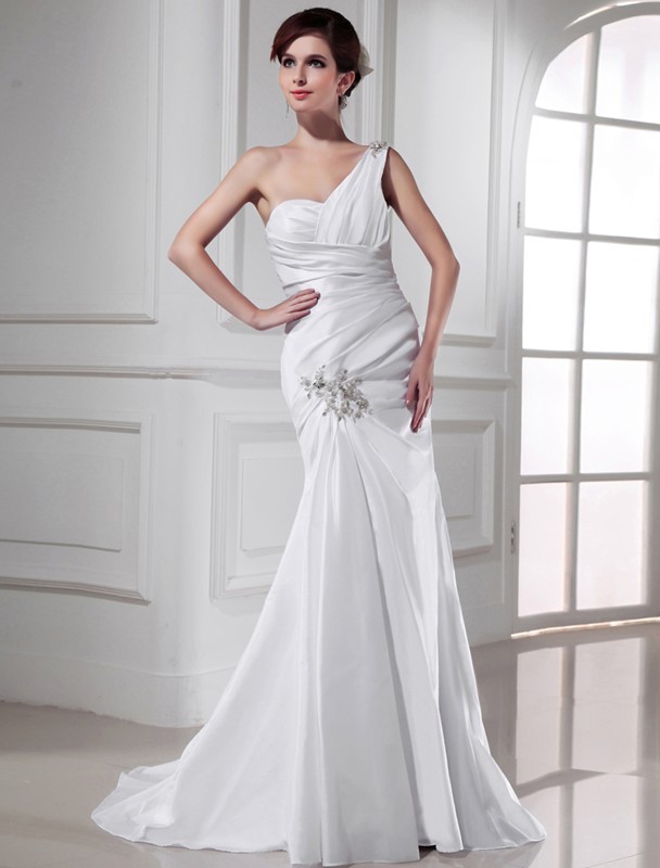 Trumpet/Mermaid One-shoulder Beading Satin Sleeveless Long Wedding Dresses 2087